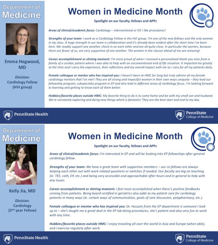 As we wrap up #WomenInMedicineMonth, meet two of our fabulous <a href="/PennStHershey/">Penn State Health</a> cardiology fellows - Emma and Kelly. Proud to have them on our team! #cardiologyfellowship #accfit #wim #cardiotwitter <a href="/Mike_P_Pfeiffer/">Michael Pfeiffer</a> <a href="/Ryan_WilsonMD/">rwilsonMD</a> <a href="/BPetersonCardio/">Brandon Peterson</a> <a href="/DrMikeFarbs/">Michael Farbaniec</a>