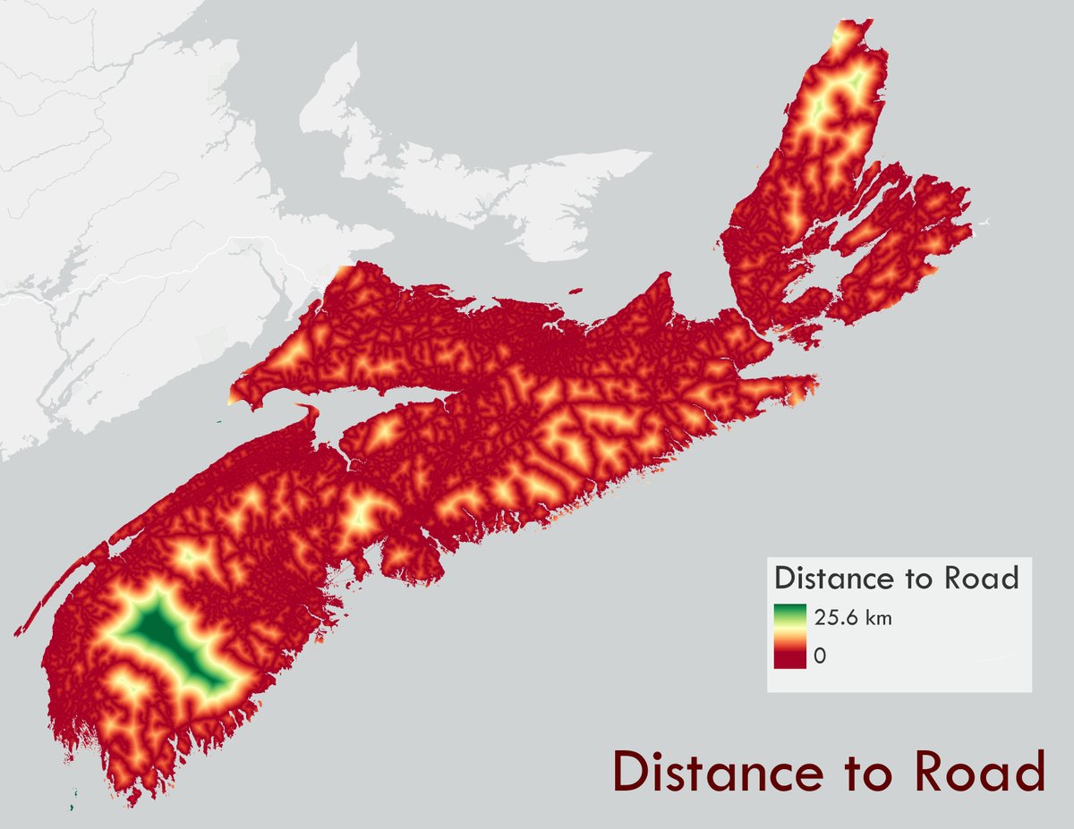 Some key results: - There are A LOT of roads in NS and the average distance to a road across the whole province is 1.8 km and the max distance is 25.6 km- In general, the places with the lowest density of roads had the highest connectivity