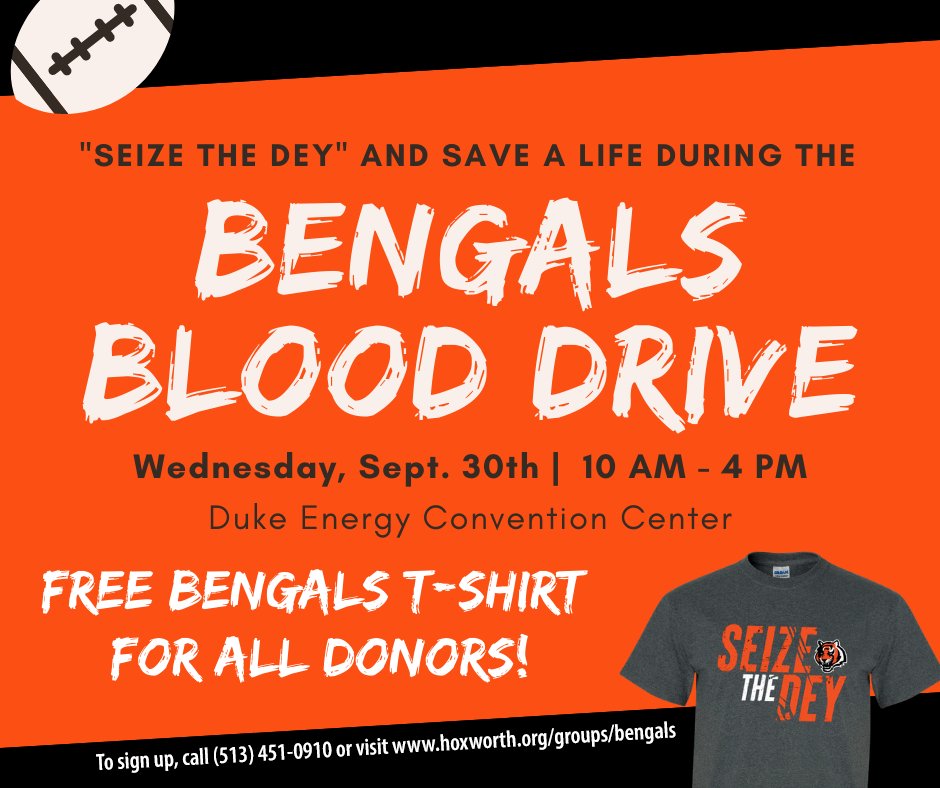 HoxworthUC (@hoxworthuc) on Twitter photo Don't have a chance to visit a donor center during Bengals week? The <a href="/Bengals/">Cincinnati Bengals</a> and Hoxworth are taking over <a href="/CincyDECC/">DECC Cincy</a> on Sept. 30th for a day of lifesaving! All donors receive this year's exclusive Bengals tee. Sign up by calling (513) 451-0910 or visit hoxworth.org/bengals Don't have a chance to visit a donor center during Bengals week? The <a href="/Bengals/">Cincinnati Bengals</a> and Hoxworth are taking over <a href="/CincyDECC/">DECC Cincy</a> on Sept. 30th for a day of lifesaving! All donors receive this year's exclusive Bengals tee. Sign up by calling (513) 451-0910 or visit hoxworth.org/bengals