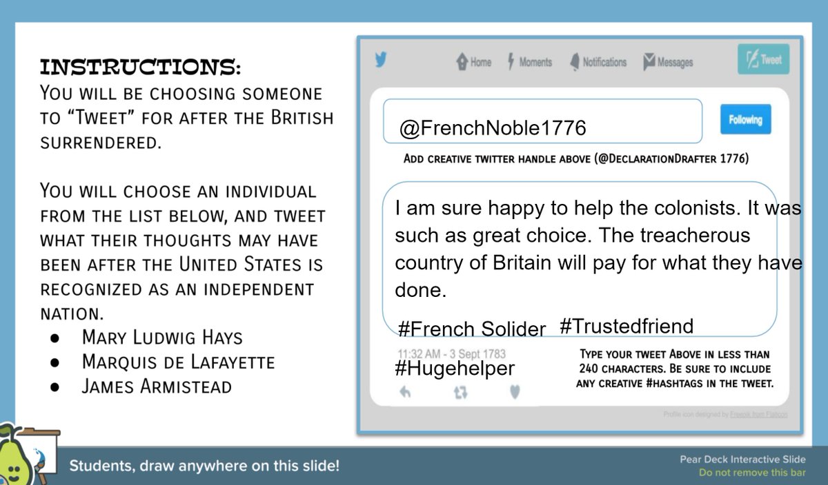 54Mr_Meyer's tweet photo. Tweet, Tweet! @D54Keller 7th graders created tweets in @PearDeck to demonstrate their understanding of key contributions from #women, #africanamericans and #foreignnations to help win the #revolutionarywar. https://t.co/ahXZakuLNg