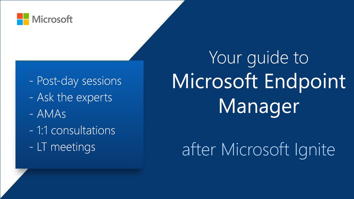 📢 Just announced: Sep 29 is #MSIgnite #MEMpowered post-day. And it's Free! Ask the Experts sessions, AMAs, 1:1 consultations AND an invitation to become an Endpoint Management Insider. 

➡ <a href="/LURIE_MSFT/">Lurie (MSFT) #MSFT #MicrosoftIntune #Windows11</a> has the details

aka.ms/mem-post-Ignite

#MSIgnite #ConfigMgr #MSIntune