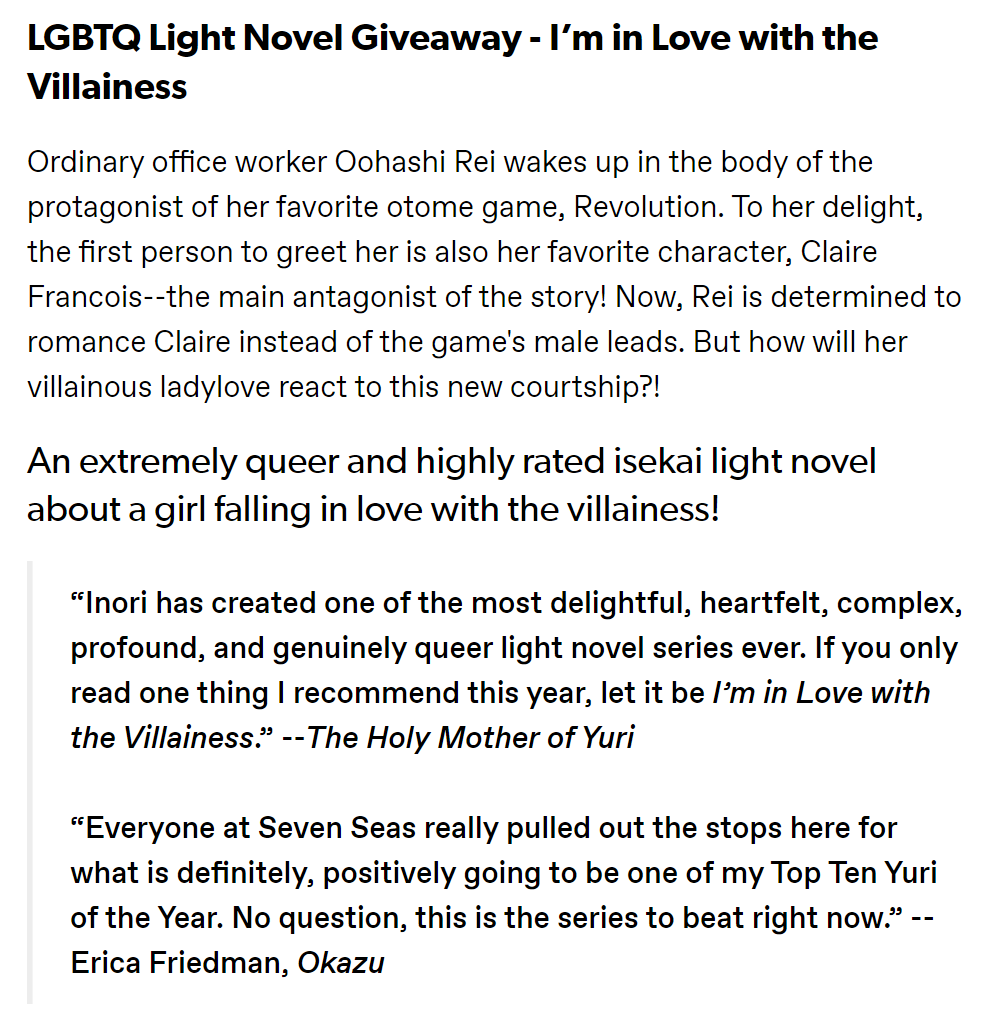 HolyYuriMother's tweet photo. 📢YURI GIVEAWAY🎊

I am giving away THREE digital copies of @inori_narou's hit isekai #Yuri light novel 'I'm in Love with the Villainess' 

Follow and Retweet for your chance to win a FREE LGBTQ LIGHT NOVEL!! Additional entry on Tumblr and Instagram‼️

https://t.co/sPxhzWp2jC https://t.co/W2l1nzH1x6