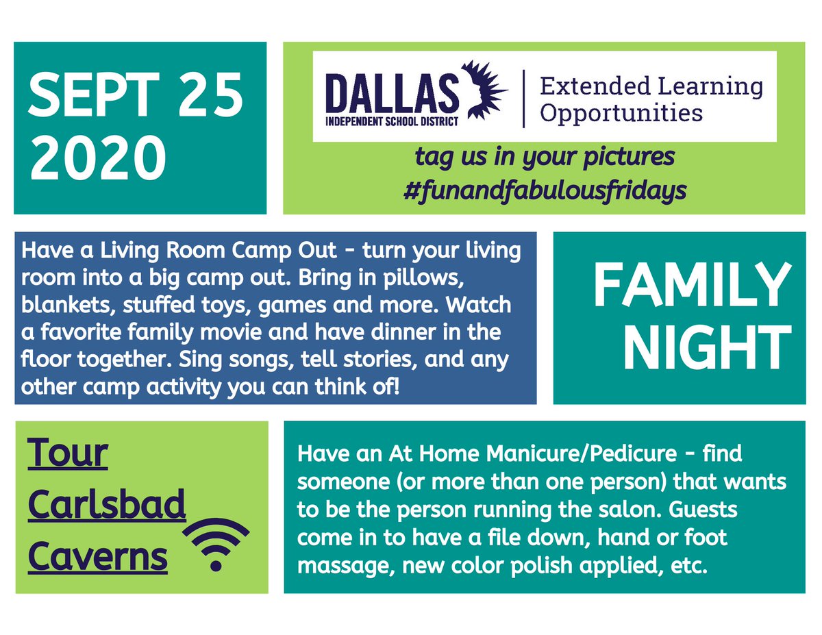 DallasISDMTSS (@dallasisdmtss) on Twitter photo As you go into the weekend, join <a href="/DallasisdE/">DallasISD_ExtendedLearning</a> in creating moments and memories that will last a lifetime. Spend some time with your family by engaging in these fun family night activities. As you go into the weekend, join <a href="/DallasisdE/">DallasISD_ExtendedLearning</a> in creating moments and memories that will last a lifetime. Spend some time with your family by engaging in these fun family night activities.