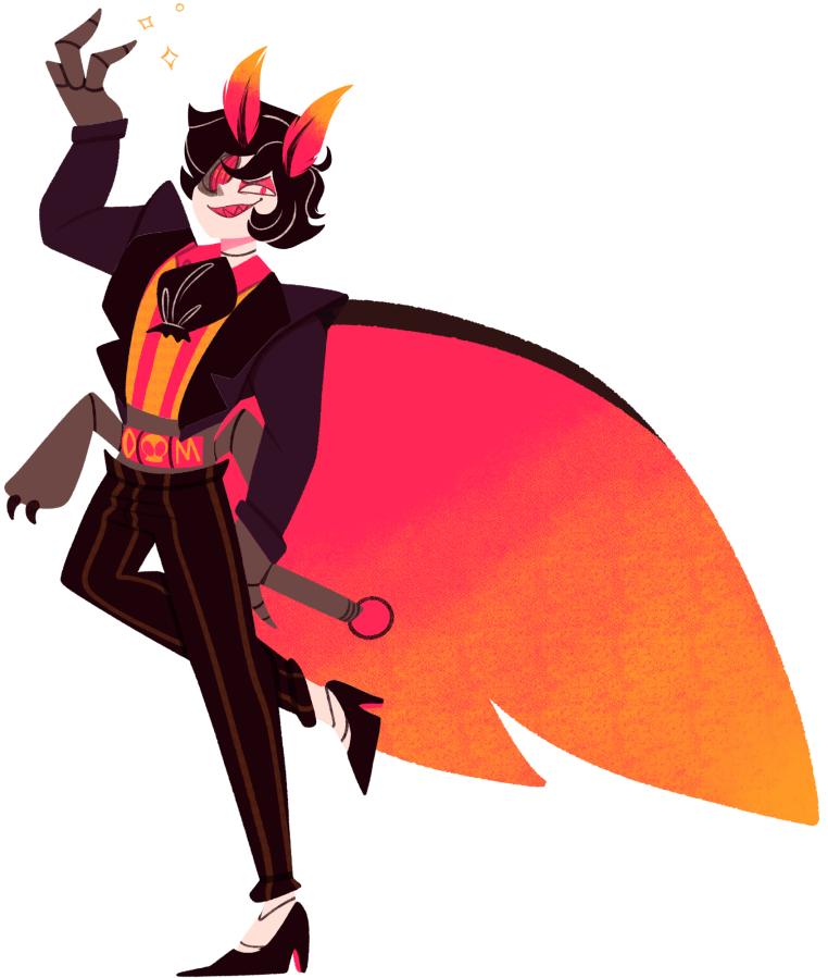 Tiphereth...Or just Tiff, he's like Asmo, but high- Like I said, Tiff or Tiphereth- Walking slot machine and casino owner, guardian of the 4th circle of hell- Really hates rich people- Robotic Rosy Maple Moth- Male / Bisexual with a preference to men / knows a lot of ppl