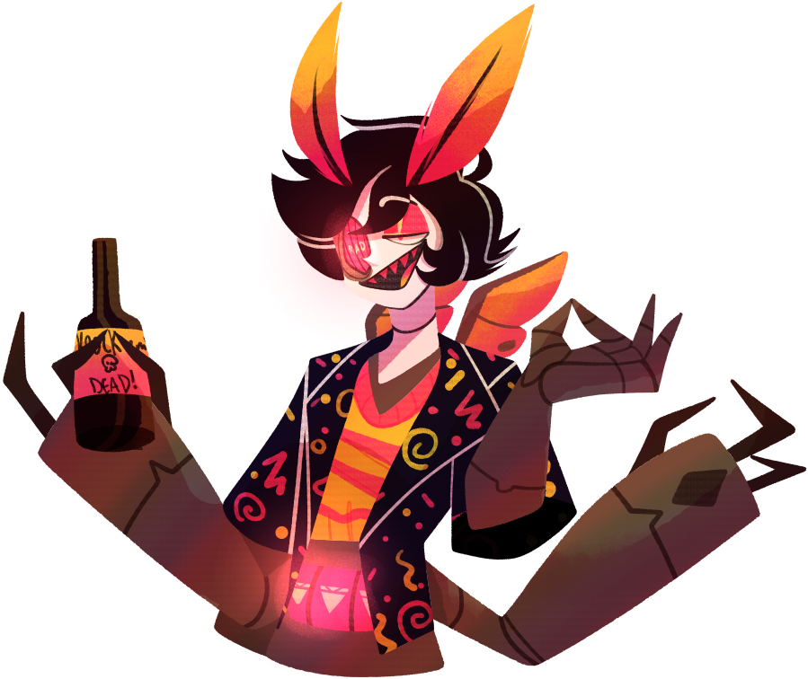 Tiphereth...Or just Tiff, he's like Asmo, but high- Like I said, Tiff or Tiphereth- Walking slot machine and casino owner, guardian of the 4th circle of hell- Really hates rich people- Robotic Rosy Maple Moth- Male / Bisexual with a preference to men / knows a lot of ppl