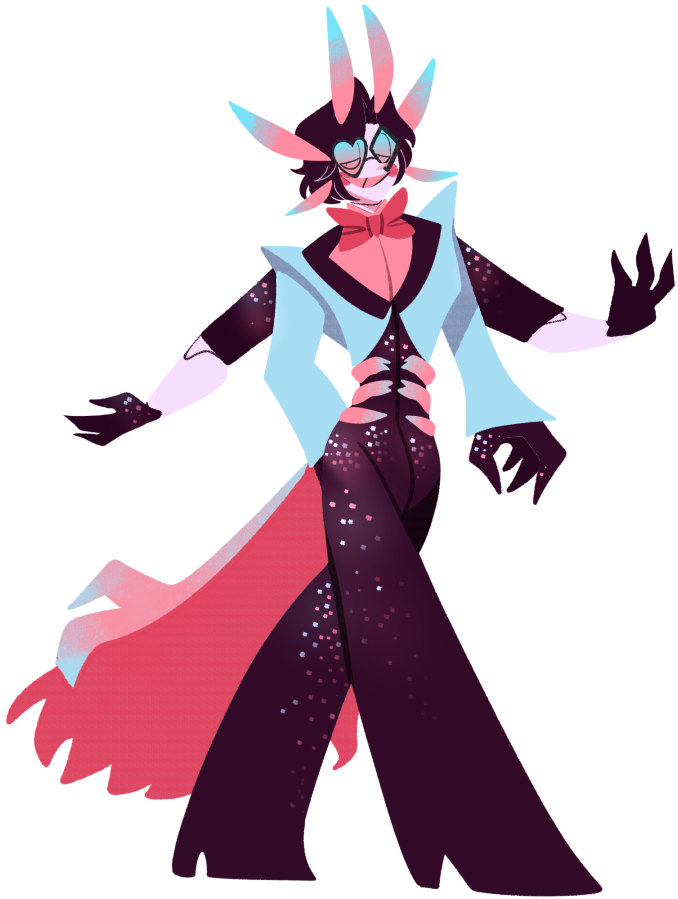 Ace!!! Like Tiphereth, but blue- Ace, like the card- Spends all of his time with Tiff- Also hates rich people- Robotic Velvet Worm- Trans man / Bisexual / Used to be a human- Will eat your soul, came to hell by choice- Needs more art bc he's still new AJSGHJ