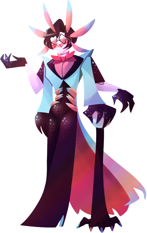 Ace!!! Like Tiphereth, but blue- Ace, like the card- Spends all of his time with Tiff- Also hates rich people- Robotic Velvet Worm- Trans man / Bisexual / Used to be a human- Will eat your soul, came to hell by choice- Needs more art bc he's still new AJSGHJ