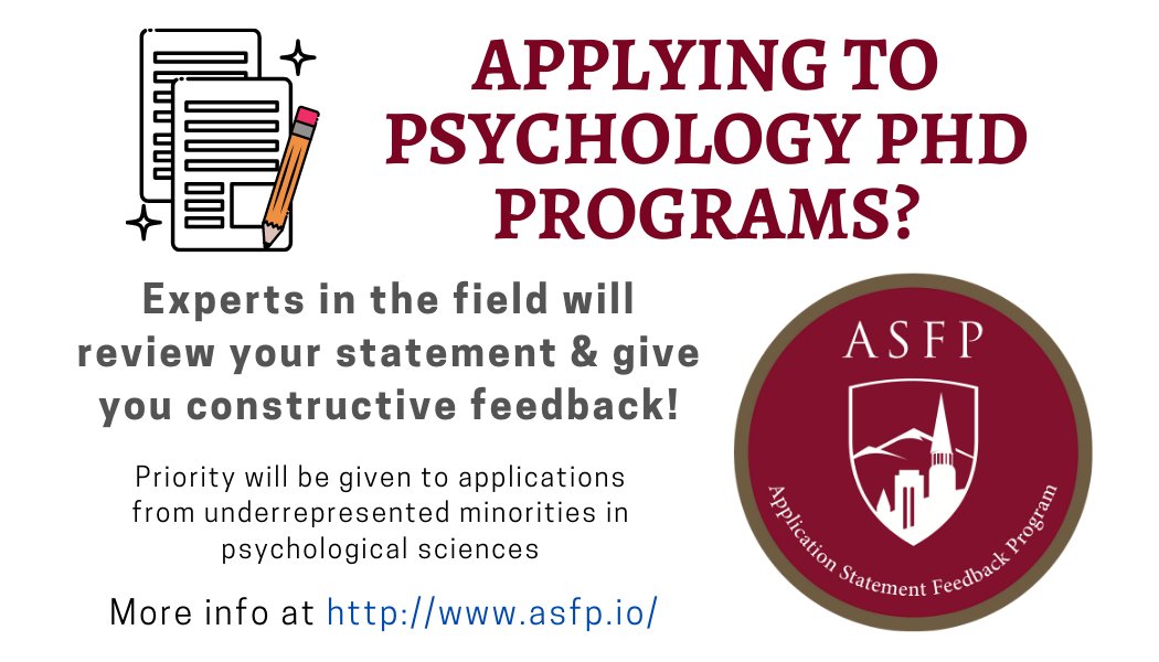 DU Psychology (@denverupsych) on Twitter photo Need help with your personal statement for psych PhD programs? Editors from <a href="/DenverUPsych/">DU Psychology</a> are volunteering to review your statement & provide feedback (spots limited)! Priority given to applications from underrepresented minorities. Learn more at asfp.io Need help with your personal statement for psych PhD programs? Editors from <a href="/DenverUPsych/">DU Psychology</a> are volunteering to review your statement & provide feedback (spots limited)! Priority given to applications from underrepresented minorities. Learn more at asfp.io