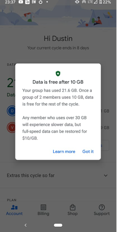 pargony's tweet photo. @googlefi Will no longer recommend GoogleFi to anyone!  You lie about your service and do not honor your commitments to your customers.  Data has been throttled to 256Kbps and your own App says we are well within limits....1995 wants it's data rate back!! https://t.co/wgkqkJ7lvp