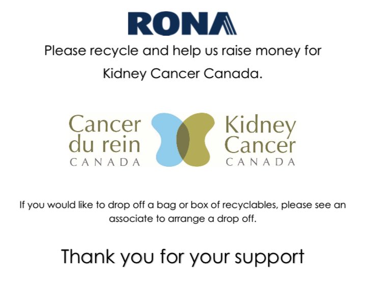 ElmsdaleRona's tweet photo. We are collecting your bottles and cans to help our #lowesheroes program and #kidneycancer https://t.co/8ccjZ7bDb6