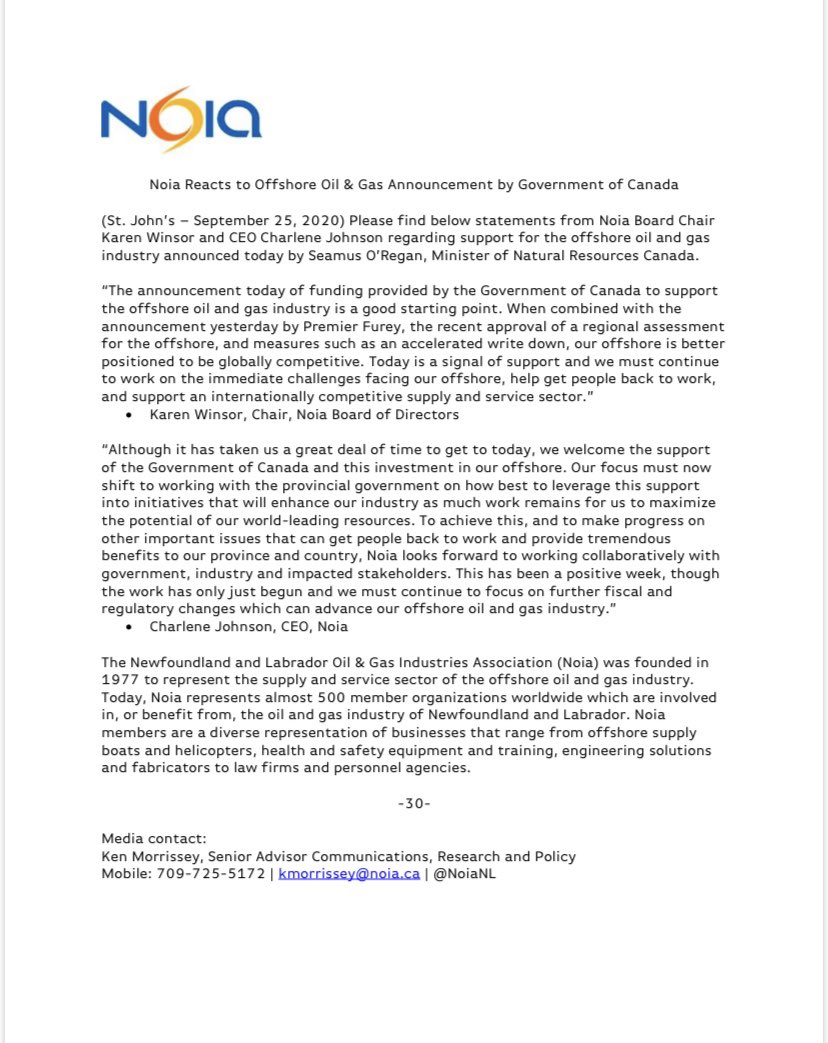 NEWS RELEASE: Noia Reacts to Offshore Oil &amp; Gas Announcement by Government of Canada #MyOffshoreMyFuture ⁦<a href="/SeamusORegan/">Seamus O'Regan Jr</a>⁩ ⁦<a href="/JustinTrudeau/">Justin Trudeau</a>⁩ ⁦<a href="/PremierofNL/">Premier of NL</a>⁩ ⁦<a href="/Andrew_Parsons1/">Andrew Parsons</a>⁩