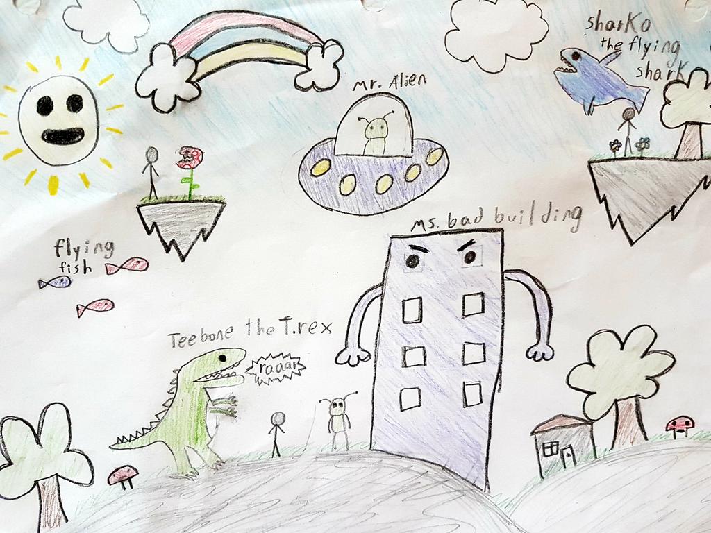 ChrisMTess's tweet photo. Need a COVID Friday pick me up? Here's my son's latest drawing. Meet Sharky the Flying Shark, Ms. Bad Building (I suspect she's just assertive) and Tee Bone the T Rex. #TGIF #MakeTimeForFun https://t.co/ApNOZ7LYIs