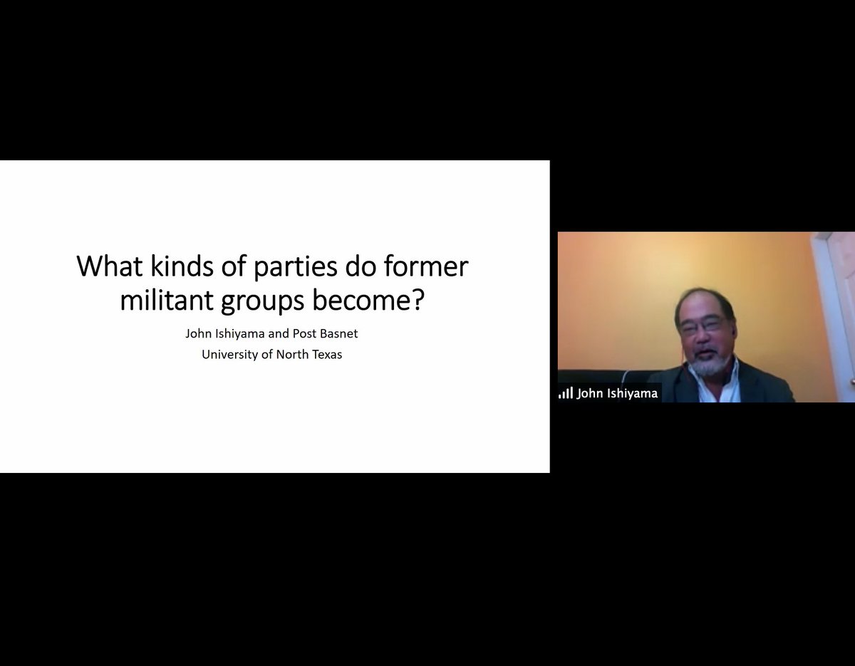 . @jishiyama and Post Basnet presenting their fascinating work on the trajectories of former militant groups - do they become particular "species" of political parties? What are the implications on democracy after civil wars? 6/x