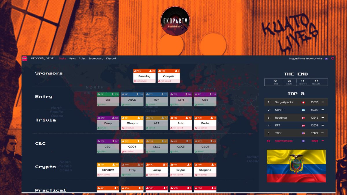 chinosaenz88's tweet image. @ekoparty
#ekoparty #eko2020 #mainctf Listo para dar batalla desde Ecuador!!! Team: teamtortoise 🇪🇨 😎🖥️🖱️
