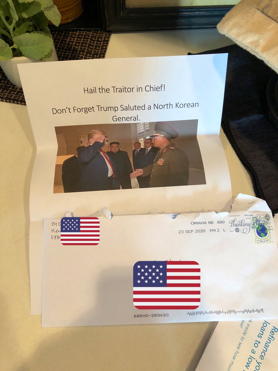 nelsomag3's tweet photo. @foxnewsalert @foxnation @realDonaldTrump Parents received this anonymous letter due to having two Trump flags in their yard. Thanks for the advice but I’m going to keep #MAGA

(Return address is the local post office.)  #Trump2020 https://t.co/20HZPW1Dm2