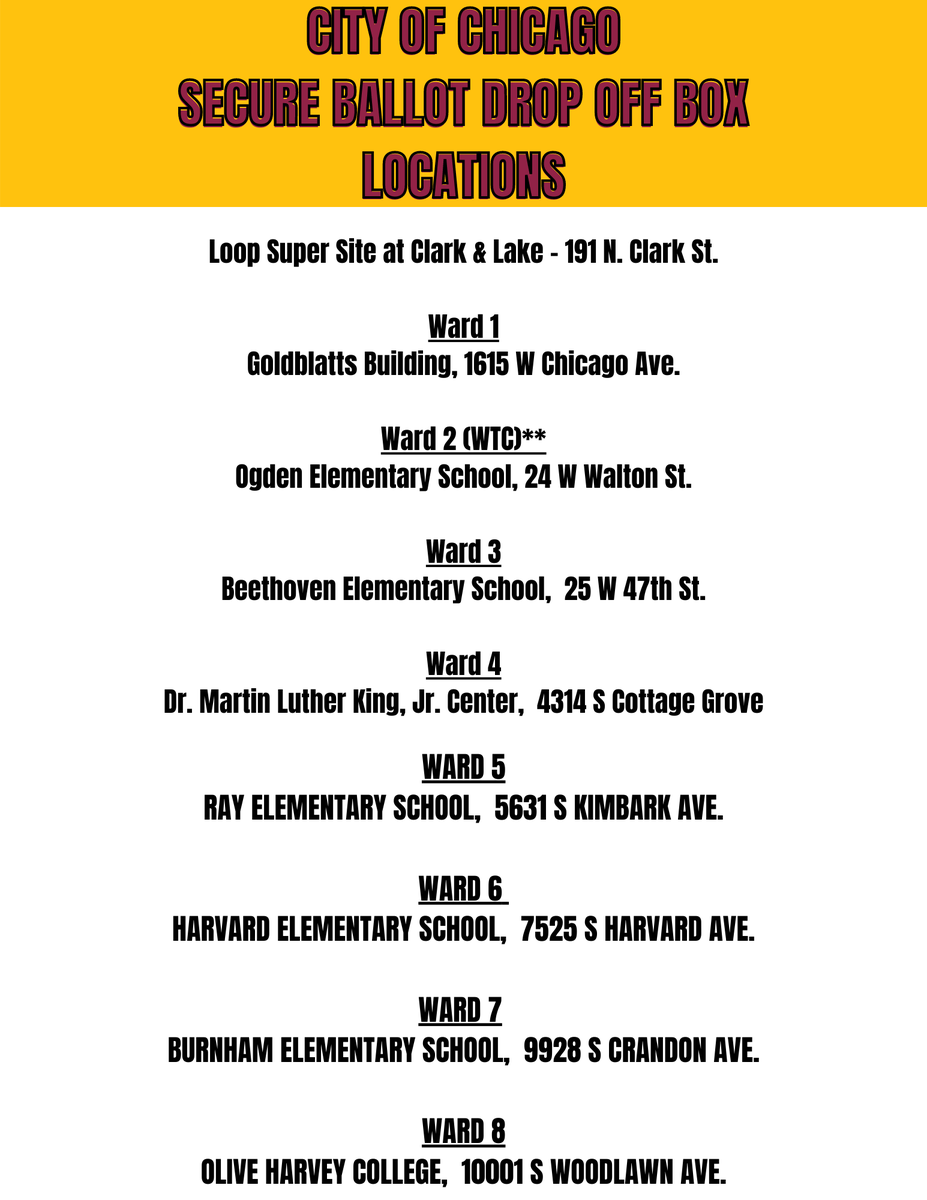 LUCCivicEngage's tweet photo. Attention Ramblers! The City of Chicago Board of Elections just released a list containing all 50 ballot drop-off locations, including times and dates that they will be available! Visit https://t.co/ApdJw8m74V for more up to date information, or check out the images we uploaded! https://t.co/jc2Ydk0QB3
