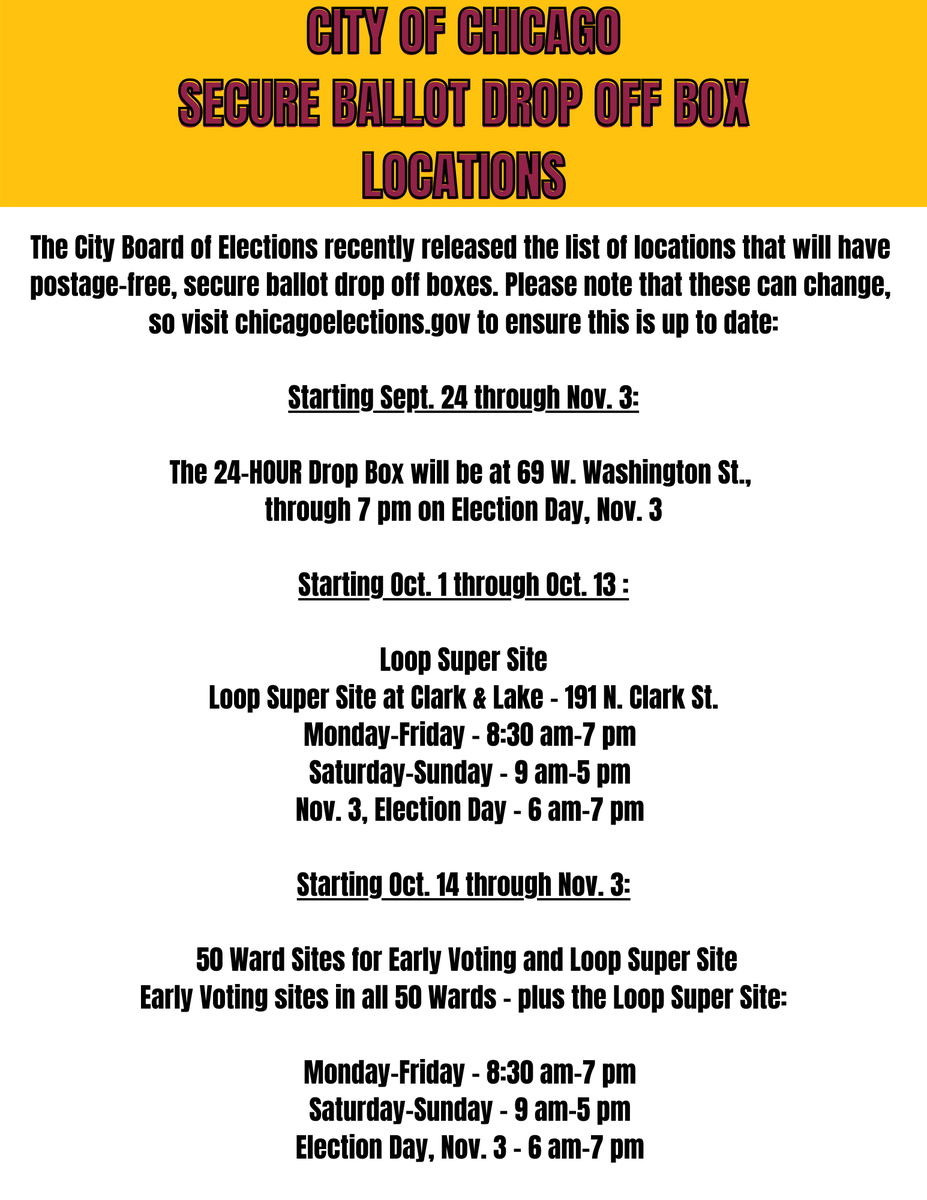LUCCivicEngage's tweet photo. Attention Ramblers! The City of Chicago Board of Elections just released a list containing all 50 ballot drop-off locations, including times and dates that they will be available! Visit https://t.co/ApdJw8m74V for more up to date information, or check out the images we uploaded! https://t.co/jc2Ydk0QB3