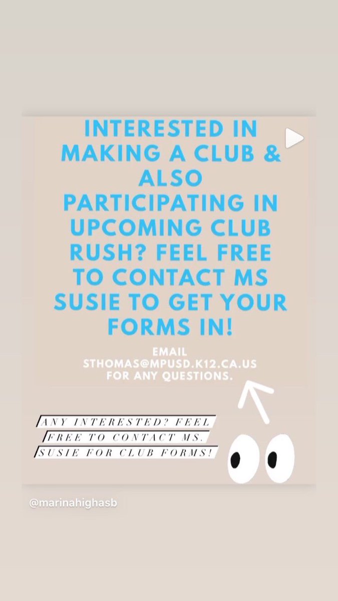 MarinaHighASB's tweet photo. Club Rush is coming up yall! If any is interested in making a club please feel free to contact Ms. Susie so you can complete your club forms and also email her w/ any of your concerns/questions. Thank you 💙💛 https://t.co/ePZHqSDjW3