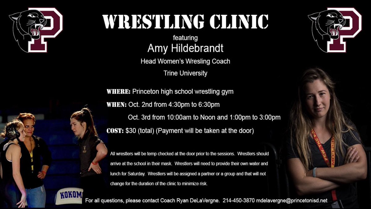 Coach Hildebrandt will be in Texas from Oct. 2nd-3rd! Don’t miss this clinic hosted by Princeton High School 🤼‍♀️