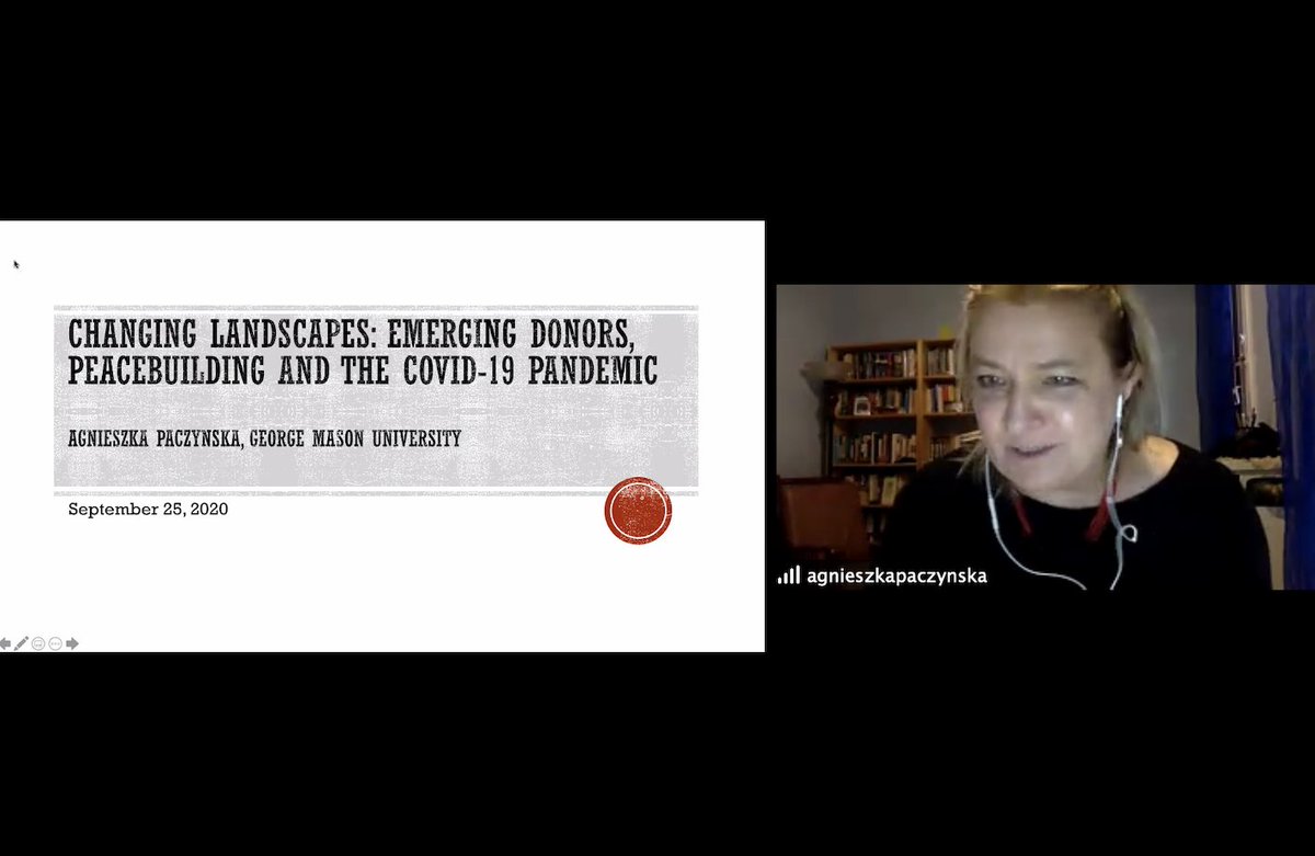 Starting our final panel for the day "Intervention Dilemmas" w  @Apaczynska's fascinating paper looking at the relationship bt emerging donors, peacebuilding & COVID-19. Zooming into the rhetoric vs reality of these donors, she explores the changing donor landscapes on PB. 8/x