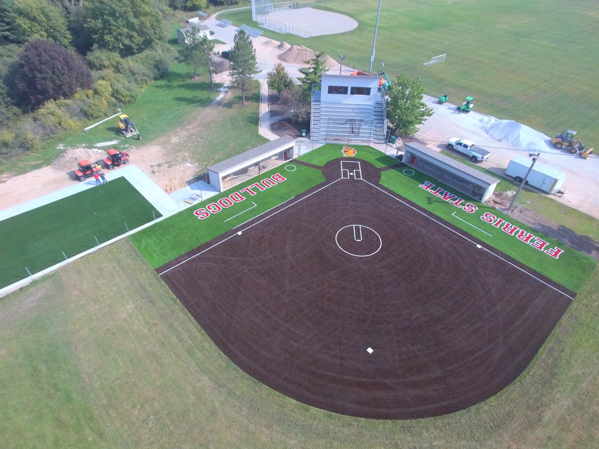 Awesome overhead drone shot of the new turf infield at the Ferris State Softball Field as work continues on the project improvements at the facility! Outstanding work by all those involved! <a href="/FSU_SB/">Ferris St. Softball</a>