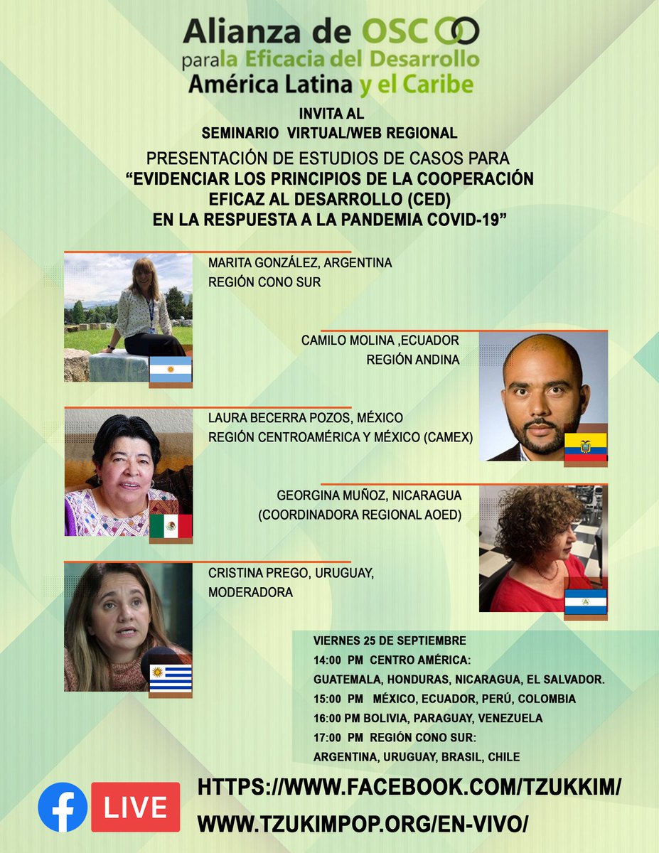 CSOPartnership_'s tweet image. ⚠️#WEBINAR STARTING IN 30 MINUTES ⚠️
✅ Evidencing #EffectiveDevelopmentCooperation Principles in #Covid19Response in #LatinAmerica and the #Caribbean.
➡️Live stream on: fb.com/tzukkim  
👂 🇪🇸 &amp;amp; 🇬🇧 

#DevelopmentEffectiveness #DevCoop #Covid19 #Covid
…