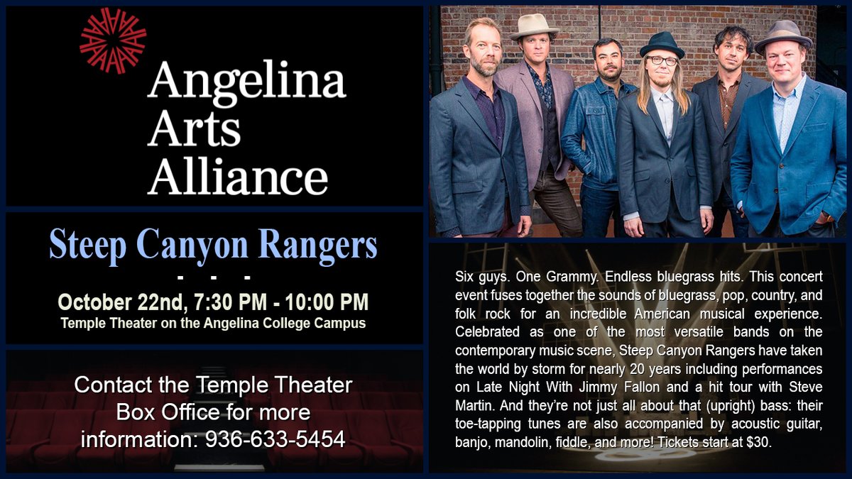 visitlufkin.com/calendar/view/…

Six guys. One Grammy. Endless bluegrass hits.

This concert event fuses together the sounds of bluegrass, pop, country, and folk rock for an incredible American musical experience. 

Tickets start at $30.