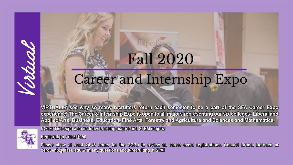 members.lufkintexas.org/events/details…

VIRTUALLY see why so many recruiters return each semester to be a part of the SFA Career Fair experience! 

Registration Price: $150

Please allow at least 24-48 hours for the CCPD to review all career event registrations.

Info: derouenb@sfasu.edu