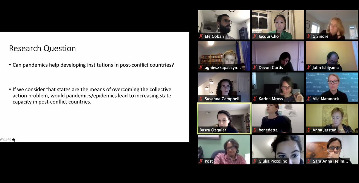 Wrapping up our incredible first day with Busra Nur Ozguler Aktel & Efe Can Coban's question - Can the COVID-19 pandemic increase institutionalisation in fragile, post-conflict countries? Lots of interesting ideas to be a v important contribution to research on the pandemic. 11/x