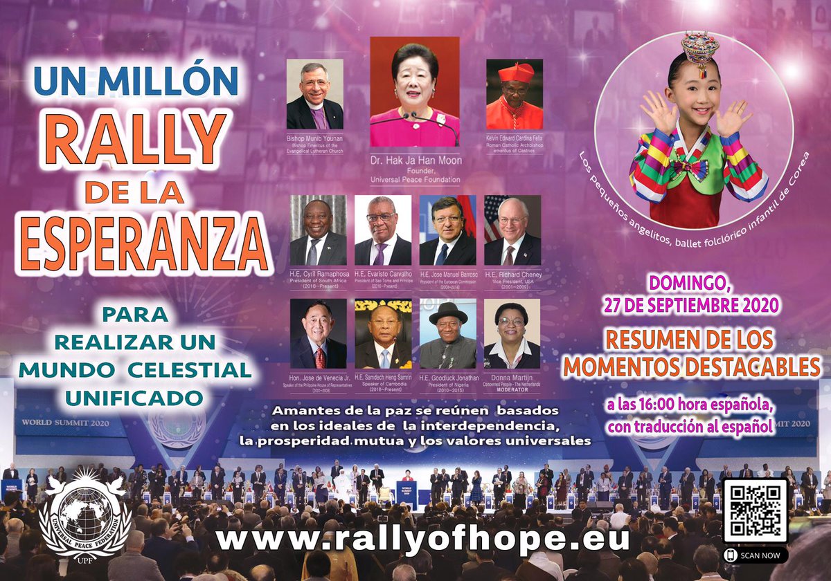 ANDECOMEX's tweet image. La Federación para la Paz Universal (UPF) celebra el 2.º "Rally de la Esperanza". La realizacion de un Mundo Celestial Unificado.

Registrate aquí
rally2020.org

En directo 27 de Septiembre 2020, 2:30 am CET
Momentos destacados 27 de Septiembre 2020 – 4:00 pm CET