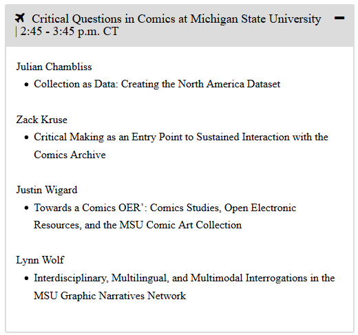 gipperfish's tweet photo. Very excited for the "Critical Questions in Comics at Michigan State University" #FlyoverComics Symposium session with excellent @msucomicsforum folks: @JulianChambliss, @zackkruse, @wigardju, and @lynnlwolff! https://t.co/tm27aDsMOU