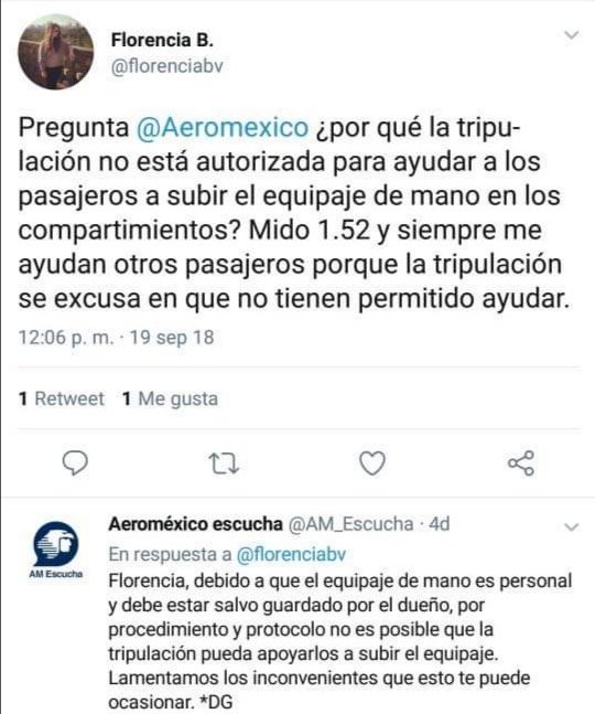 news_tcp's tweet image. Me encanta la respuesta de @Aeromexico a pasajera que se queja por que la tripulación no le sube la maleta. 😍😍 Ustedes que piensan?