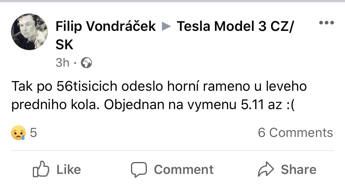 This dudes “arm of the wheel” broke after 56 km. For now his official time to reparation is 41 days — no car until then.  #Teslaserviceissues