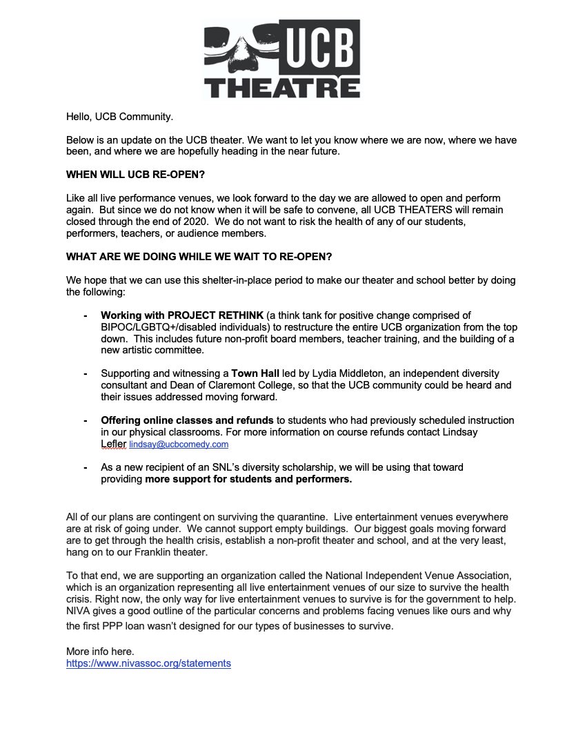 UCB Theatre NY (@ucbtny) on Twitter photo 25/09/2020 19:59:59 A statement from the UCB4 regarding theater operations and our work with PROJECT RETHINK. bit.ly/330Qrsk A statement from the UCB4 regarding theater operations and our work with PROJECT RETHINK. bit.ly/330Qrsk