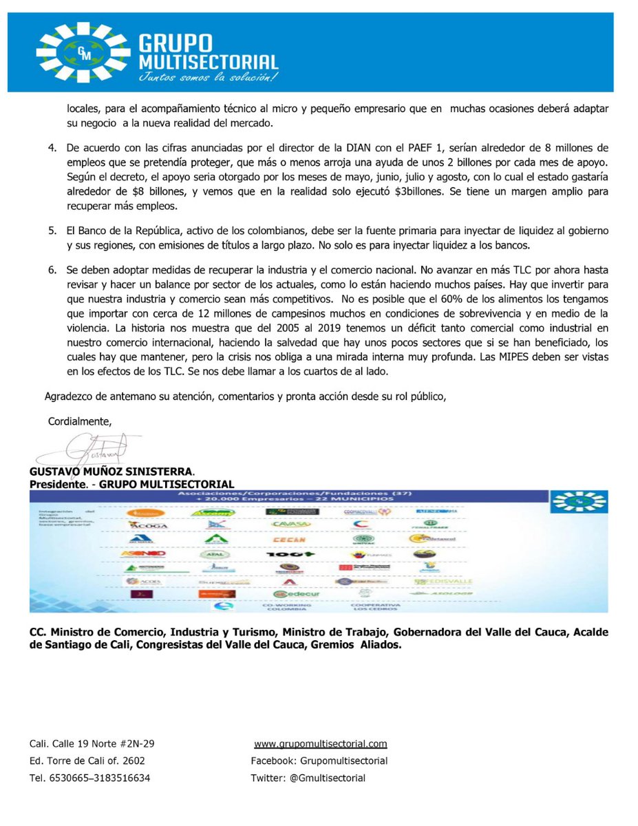 Desde el Grupo Multisectorialseguimos el día a día de la Micro y Pequeña empresa, por ello continuamos impulsando la urgente atención y reacción por parte del estado para este tejido empresarial. <a href="/abrahamcongreso/">Carlos Abraham Jimenez L</a> <a href="/MinHacienda/">MinHacienda</a> <a href="/Al_carrasquilla/">Alberto Carrasquilla fake</a> <a href="/DIANColombia/">DIANColombia</a> <a href="/PresidMultisect/">Gustavo Muñoz - GrupoMultisectorial</a>