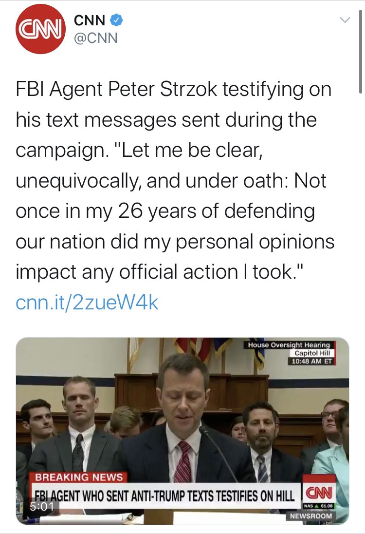  @CNN wasn’t far behind. I’m not sure I would agree that Strzok has gotten “complete vindication” in all this. Nor do I think I would have had him on to hawk his book if I were them.