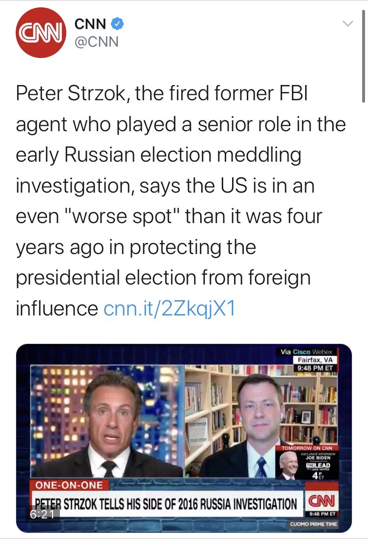  @CNN wasn’t far behind. I’m not sure I would agree that Strzok has gotten “complete vindication” in all this. Nor do I think I would have had him on to hawk his book if I were them.