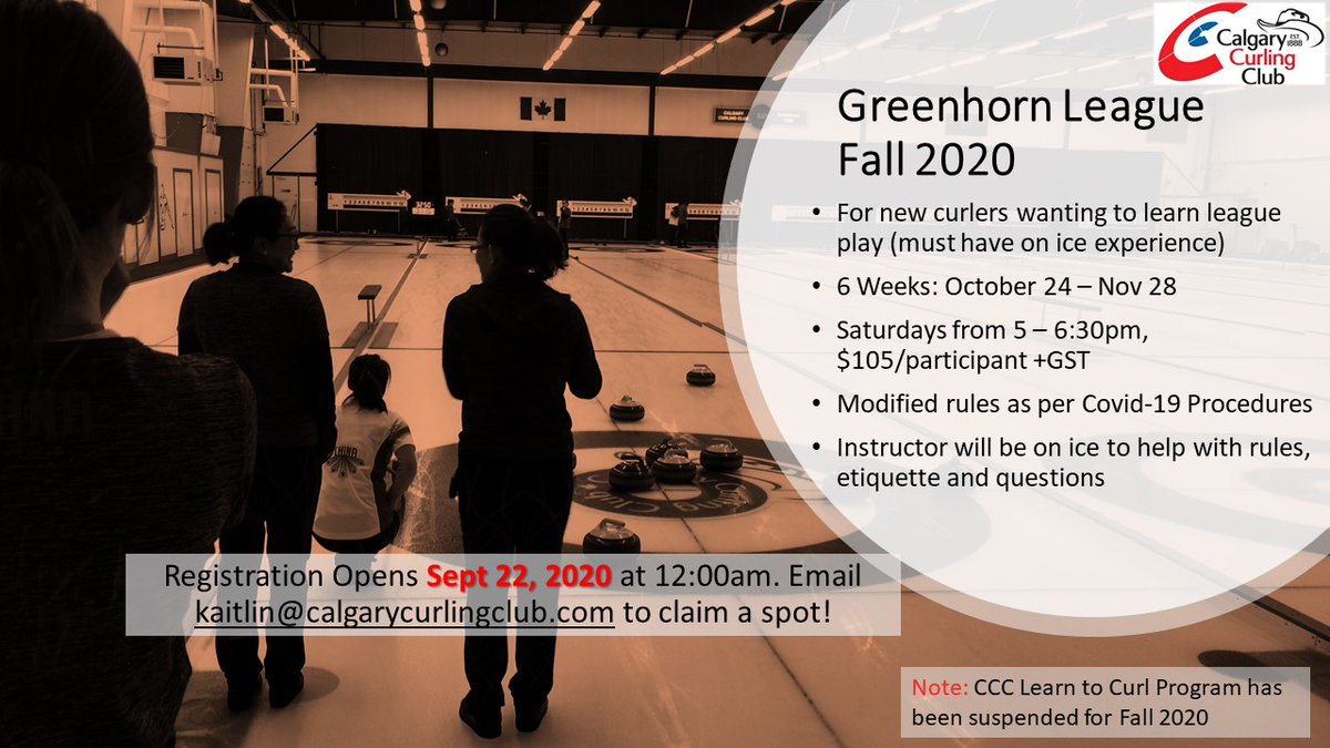 calgarycurlclub's tweet image. We still have spots open in our Greenhorn Program for new curlers looking to learn League play! Contact kaitlin@calgarycurlingclub.com to register. #keepcurling #calgarycurling