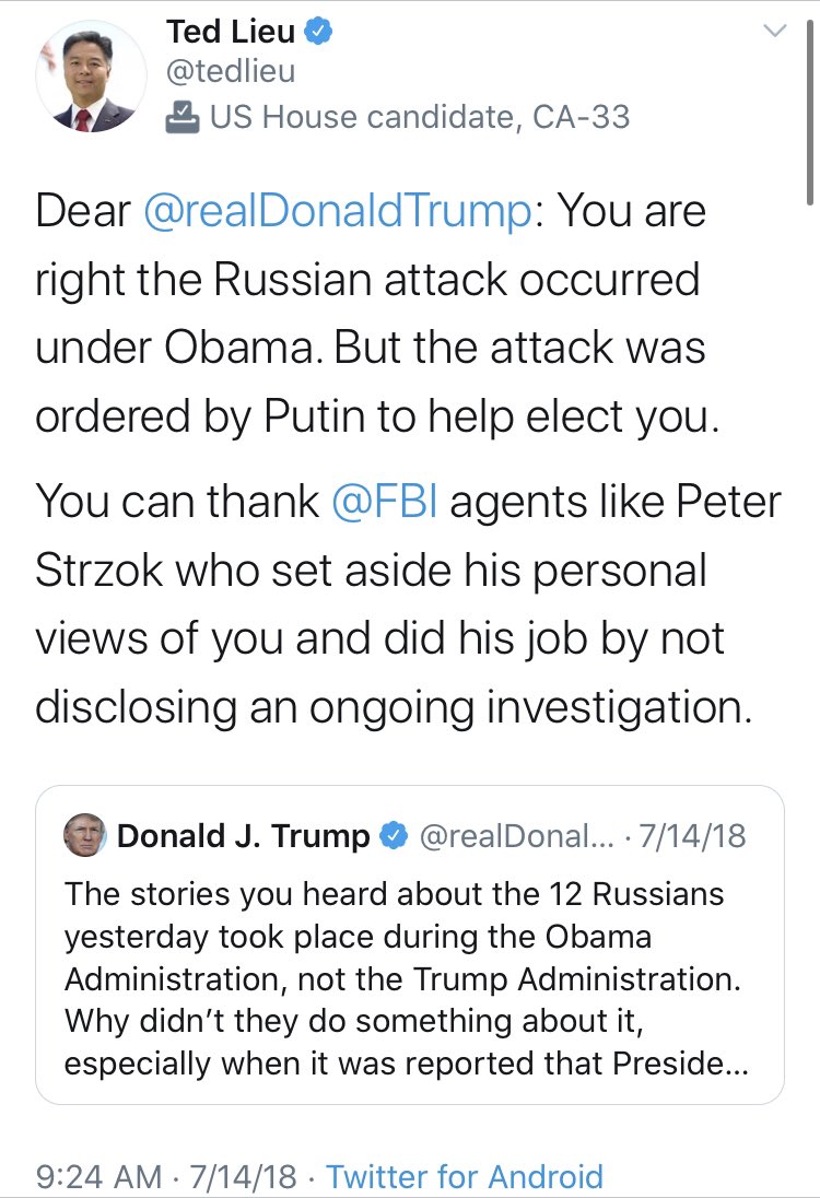 In retrospect, I think  @tedlieu may have been the most irresponsible member of Congress not named Schiff throughout this whole process. I don’t think  @realDonaldTrump or anyone else is going to be rushing to thank Strzok any time soon.
