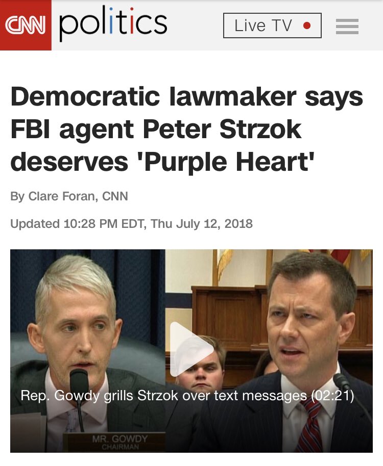  @RepBonnie definitely gets the award for weirdest response for suggesting FBI agents should be “kissing” Strzok (that was actually part of the problem).Oh, and  @RepCohen suggested Strzok should have a Purple Heart. (He’s since walked that suggestion back).