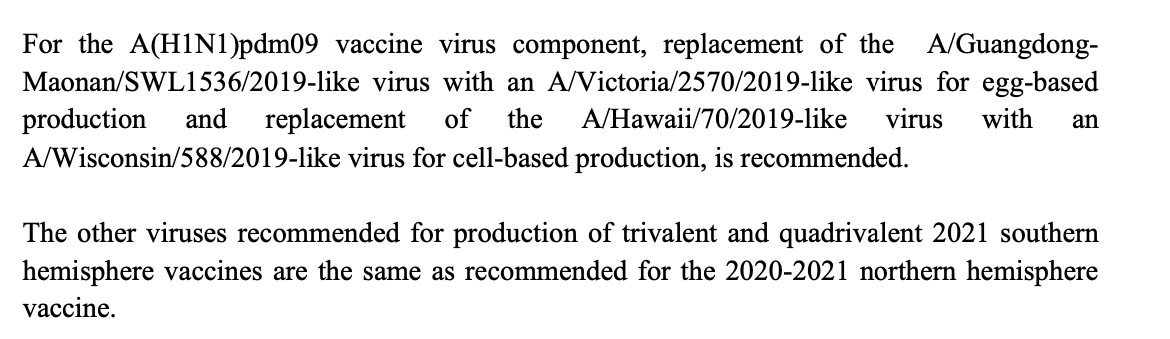 5. Back to the strain selection for the 2021 southern hemisphere flu shot: The experts recommended only 1 change, the H1N1 component of the vaccine. That will be good news for flu vaccine manufacturers. Multiple changes complicates making flu vaccine.