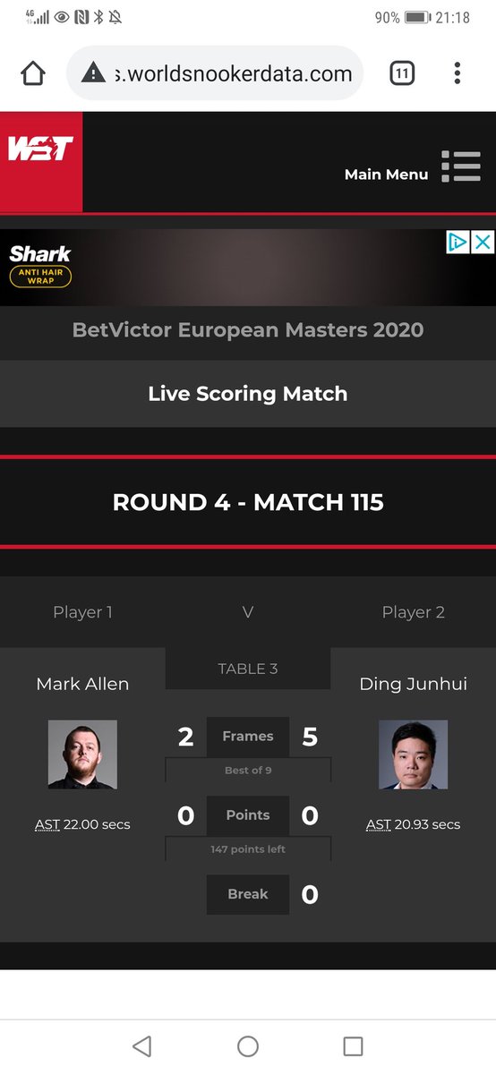 Not to be for Mark tonight, went into the tournament rusty and the match practice will do the world of good. Well done to Ding and best of luck the rest of the tournament, class act on and off the table! #EuropeanMasters