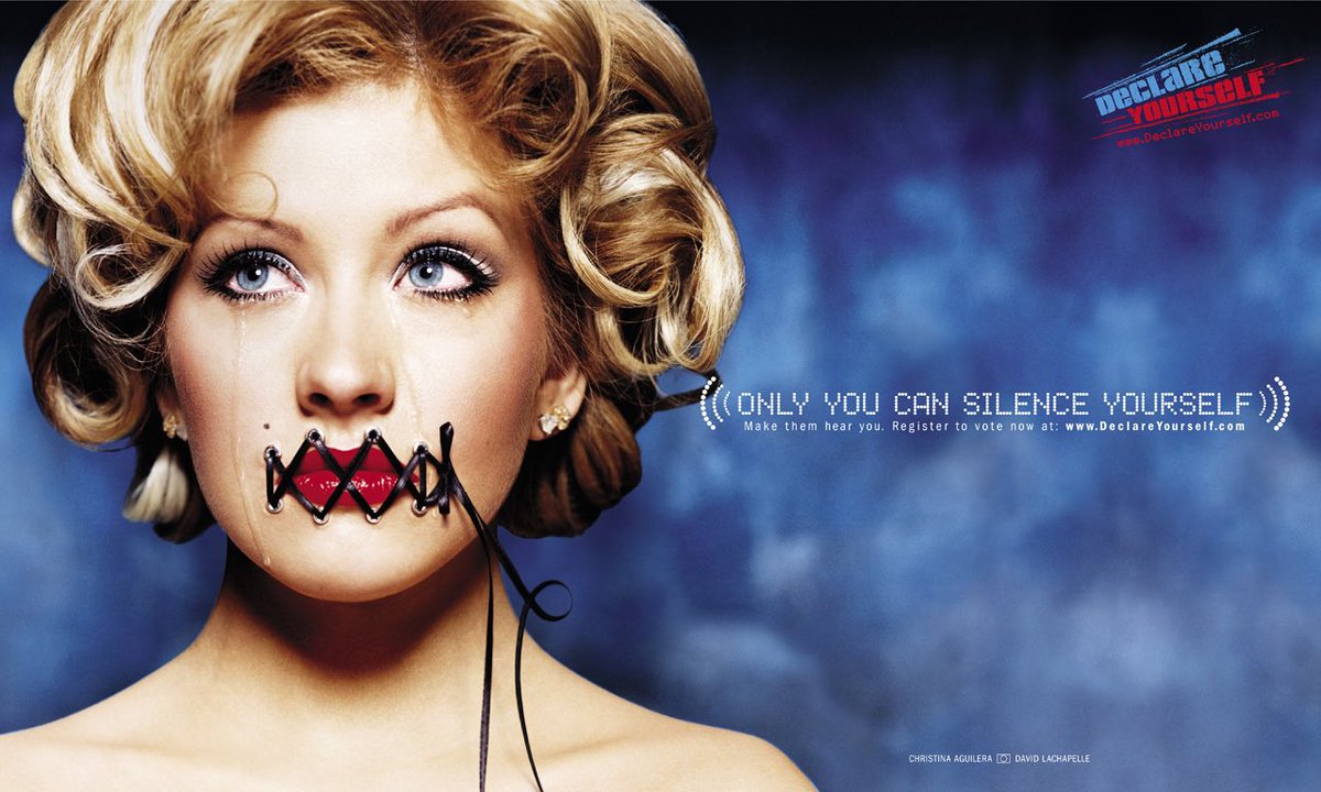 xtinacontent's tweet photo. Don’t forget to regester to vote!
throwback to Christina Aguilera apart of the #DeclareYourself campaign in 2004 encouraging young people to #VOTE
“Only You Can Silence Yourself”
photographed by David LaChapelle https://t.co/xRItkoF5Y0