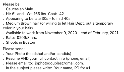 JBouleyCasting's tweet photo. JUDITH BOULEY CASTING is searching for a PHOTO DOUBLE to work for approximately 4 MONTHS on her NETFLIX FILM! Please see the description and instructions to submit below. #CastingCall #Massachusetts #MAFilm https://t.co/mR3tSE68zK