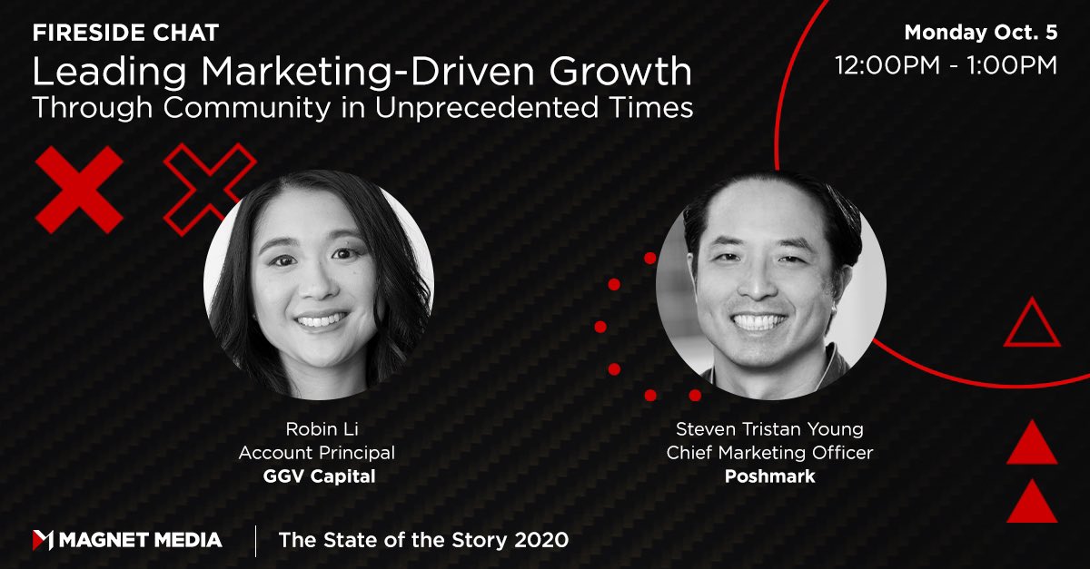 Join us in welcoming <a href="/robin_p_li/">Robin Li</a> of <a href="/GGVCapital/">GGV Capital</a> and <a href="/StevenTrisYoung/">Steven Tristan Young</a> of <a href="/Poshmarkapp/">Poshmark</a> for a conversation on market-driven growth by building and engaging the community in this unprecedented time.

Join us here:thestateofthestory2020.splashthat.com