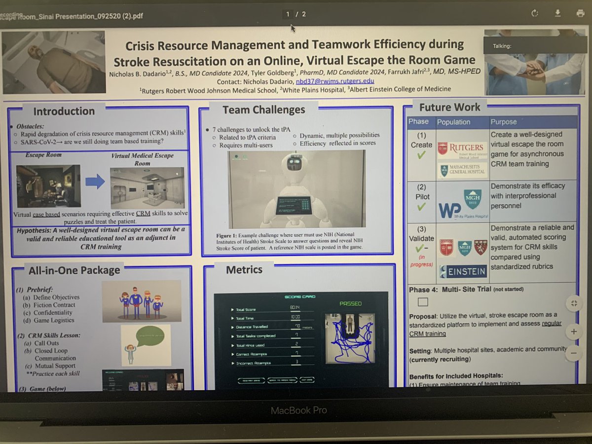 <a href="/ItsNickDadario/">Nicholas Dadario, MD</a> presenting the virtual escape room game now available by <a href="/TungstenStudios/">Tungsten Studios</a> <a href="/CAMSSimLab/">Center for Advanced Medical Simulation</a> at the TriState simulation symposium. Robots, stroke and CRM!