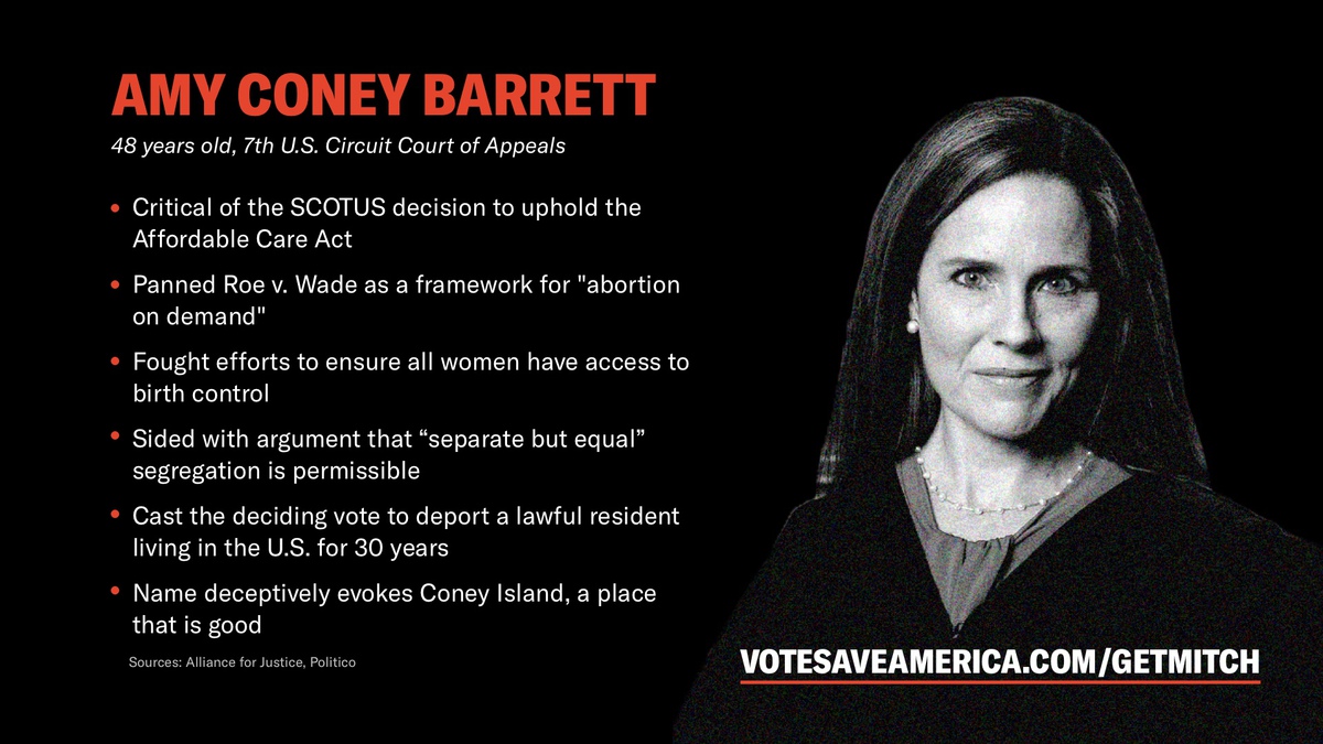 PodSaveAmerica's tweet photo. BREAKING: Here's who Trump has picked to replace RBG. Once nominated, the Senate will hold a hearing and then vote to confirm. Mitch McConnell is rushing the process 39 days till the election. Let's make sure McConnell never drives this process again: https://t.co/RxvbSP0SkU https://t.co/69lnmRLSUG