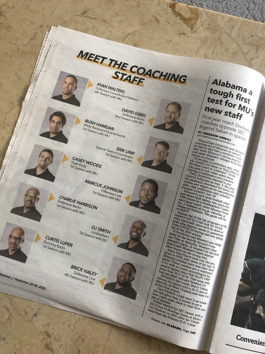 In his preview of tomorrow’s matchup,  @byAndyKimball examines how past MU coaches have fared in their debuts. (Hint: there have been some rough starts.) Find it here:  https://www.columbiamissourian.com/sports/tiger_kickoff/alabama-a-tough-first-test-for-mus-new-staff/article_621ad568-fc4d-11ea-b776-9bc946ddf12d.html