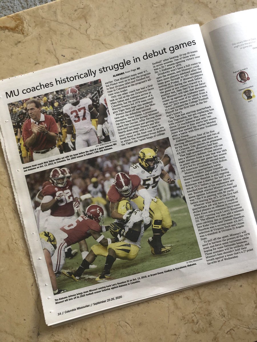 In his preview of tomorrow’s matchup,  @byAndyKimball examines how past MU coaches have fared in their debuts. (Hint: there have been some rough starts.) Find it here:  https://www.columbiamissourian.com/sports/tiger_kickoff/alabama-a-tough-first-test-for-mus-new-staff/article_621ad568-fc4d-11ea-b776-9bc946ddf12d.html