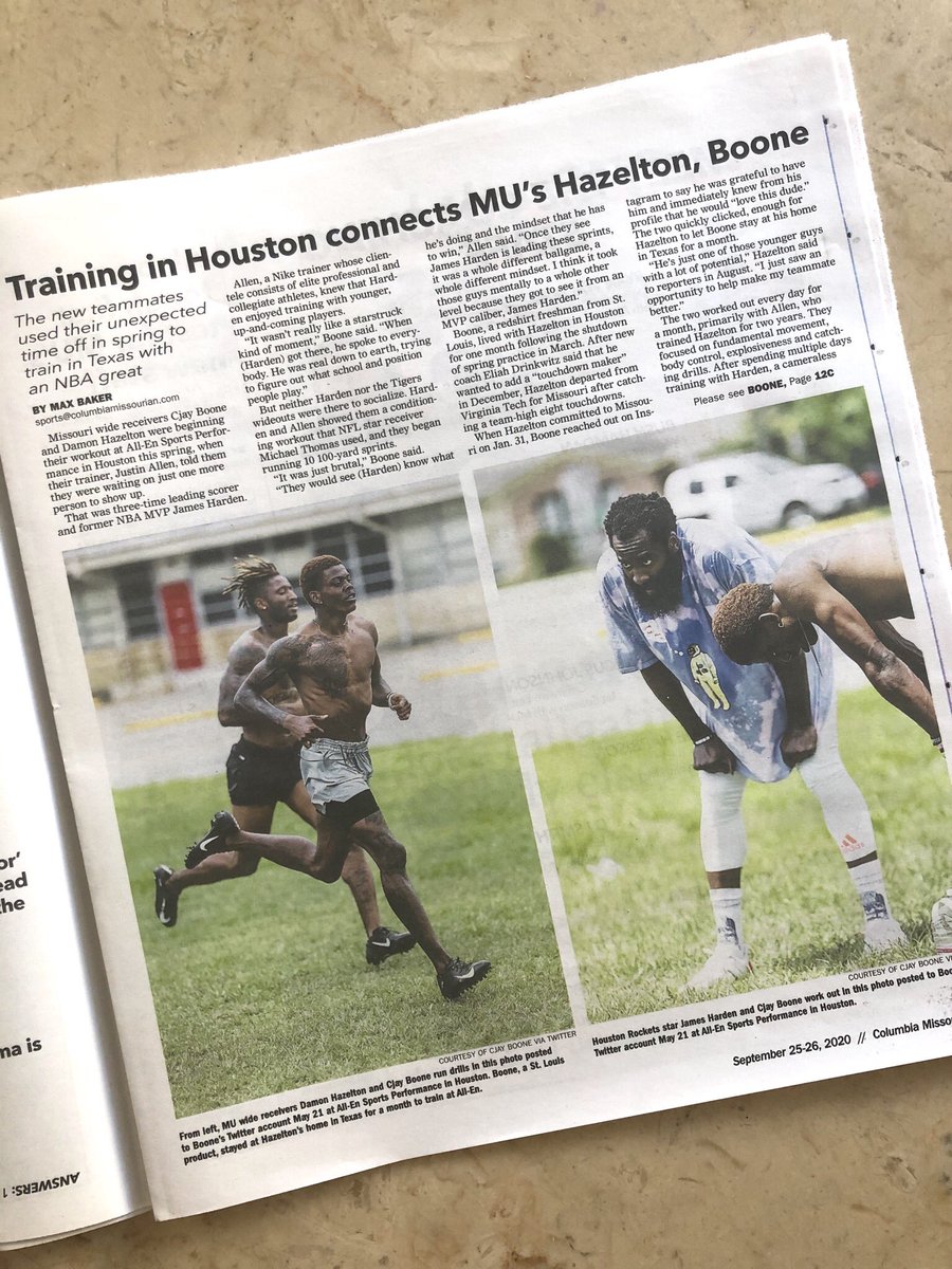In this issue,  @maxbaker_15 writes about two new  #Mizzou receivers and the bond they share — and how they ended up training with James Harden. Read it here:  https://www.columbiamissourian.com/sports/tiger_kickoff/training-in-houston-connects-mu-receivers-hazelton-boone/article_68a89bea-fd06-11ea-a48b-db5f515516e6.html